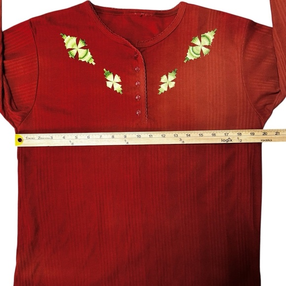 CHIC Burnt Orange Rust Long Sleeve Green Floral Geometric Embroidered Top No Tag - Picture 9 of 11